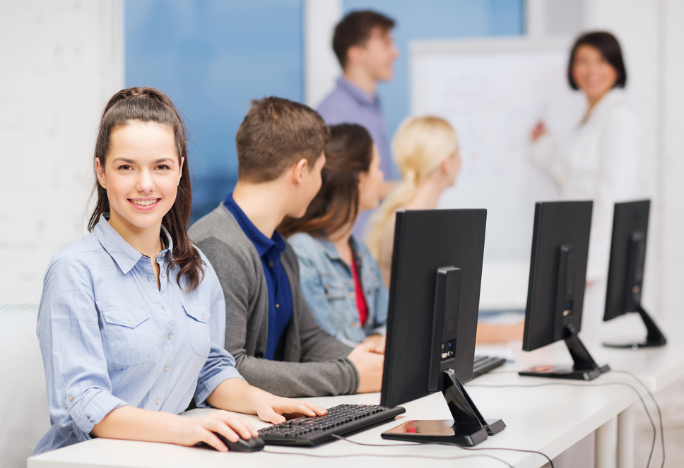 Students with Computer Monitor  